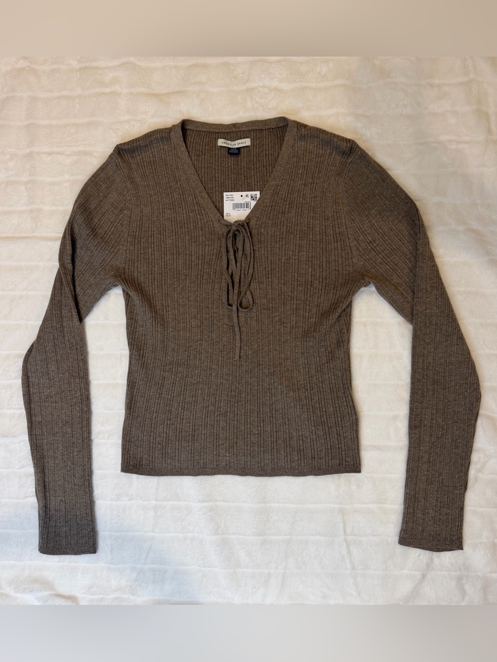 NWT American Eagle Brown Ribbed Laced V-neck Sweater